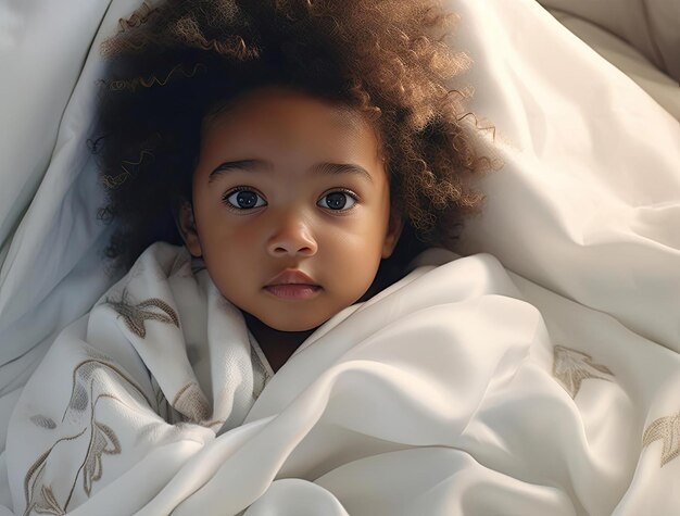 a baby sitting in the blanket on a bed in the style of afrocaribbean influence