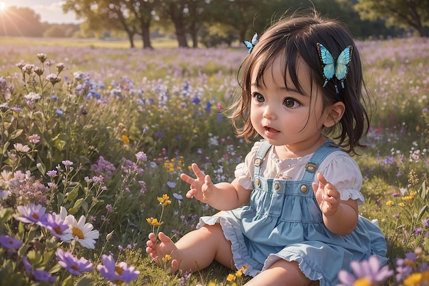 野の花畑に座り、美しい蝶に触れようと手を伸ばす赤ちゃん