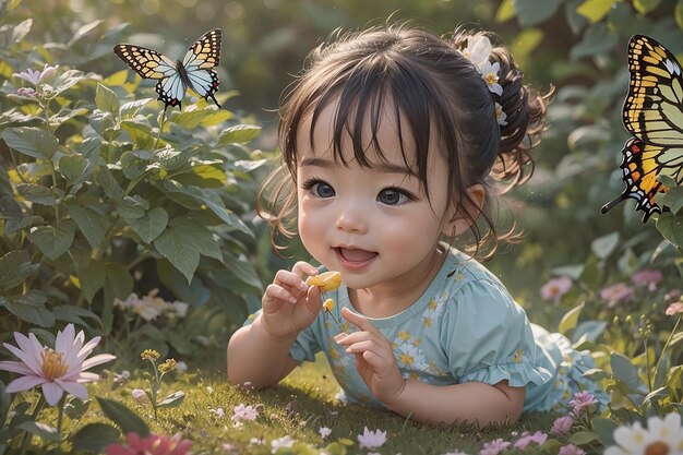 野の花畑に座り、美しい蝶に触れようと手を伸ばす赤ちゃん