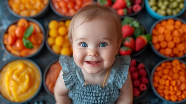 A baby sitting in front of a pile of fruit