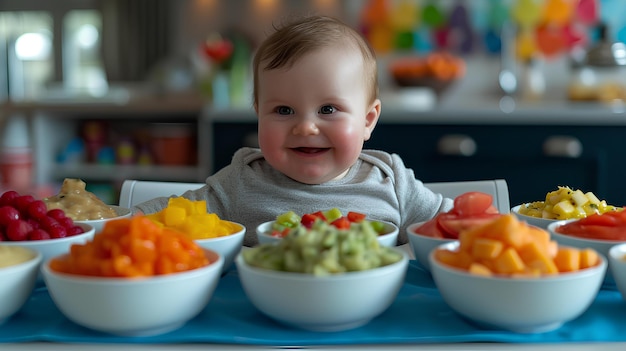 A baby sitting in front of a table full of fruit