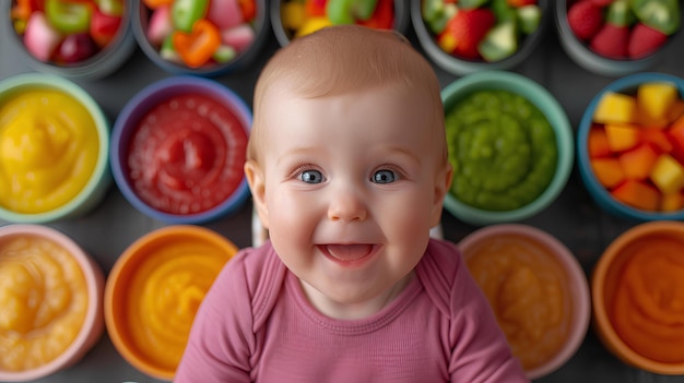 A baby sitting in front of a wall of bowls