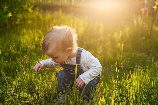 太陽の光の下で芝生に座っている赤ちゃん。かわいい夏の金髪の女の子。