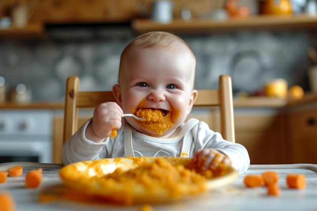 Photo a baby sitting in a high chair eating food