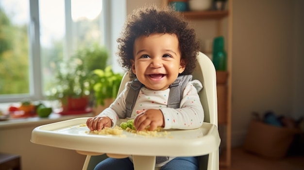 Baby sitting in high chair and waiting for food