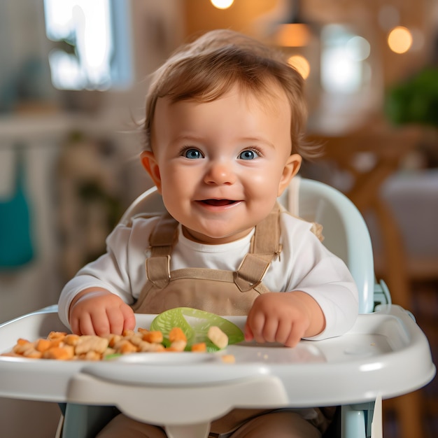 食べ物の皿を乗せたハイチェアに座っている赤ちゃん。