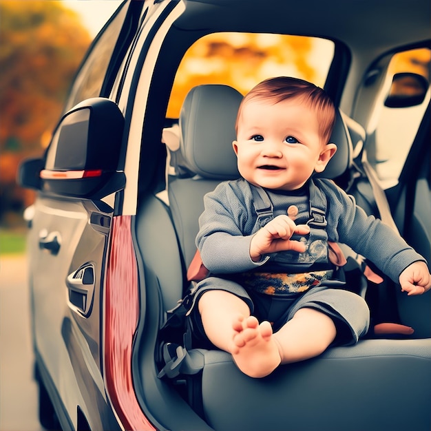 Baby sitting inside a car smiling at the camera