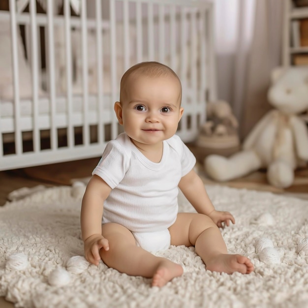 Baby sitting on a rug in a room