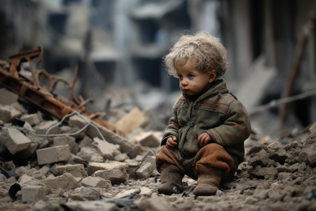 A baby sitting in the street destroyed by bomb during war