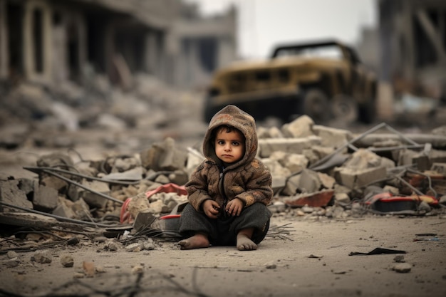 A baby sitting in the street destroyed by bomb during war