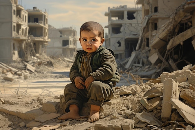戦争中に爆弾で破壊された通りに座っている赤ちゃん