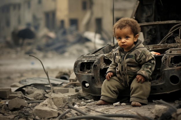 A baby sitting in the street destroyed by bomb during war