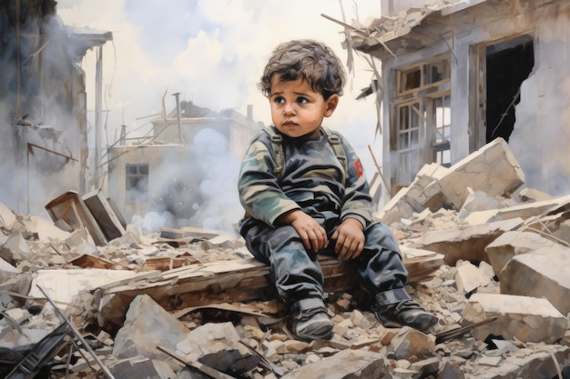 A baby sitting in the street destroyed by bomb during war