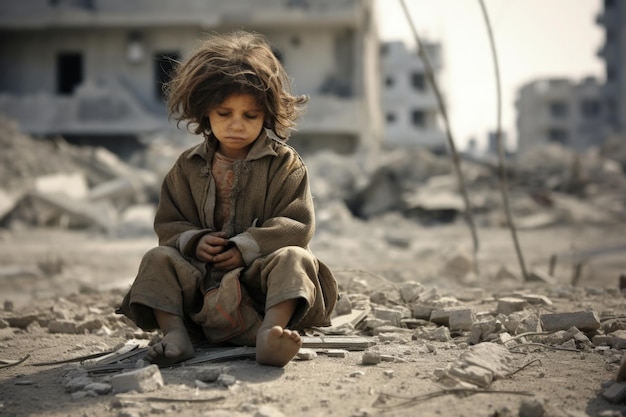 Ребёнок сидит на улице, разрушенной бомбой во время войны.