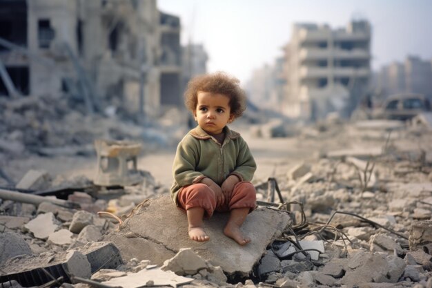 A baby sitting in the street destroyed by bomb during war