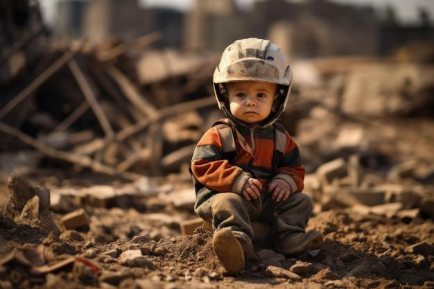 戦争中に爆弾で破壊された通りに座っている赤ちゃん