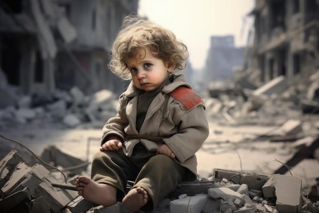 A baby sitting in the street destroyed by bomb during war