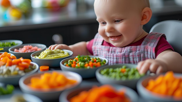 A baby sitting at a table with a bowl of vegetables