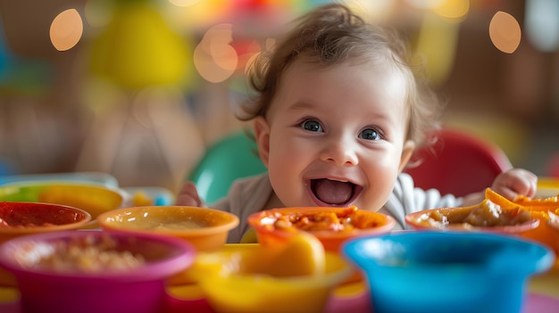 A baby sitting at a table with a plate of food