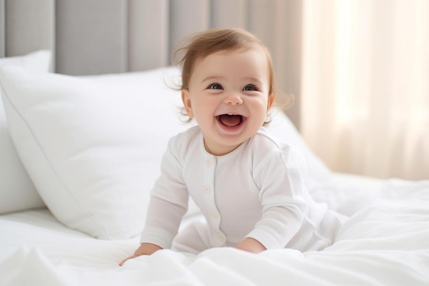 a baby sitting on top of a bed next to pillows