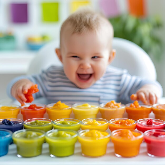 A baby sitting at a wooden table looking at colorful bowls of liquid