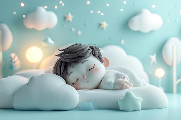 구름 사이에서 자고 있는 아기 3d