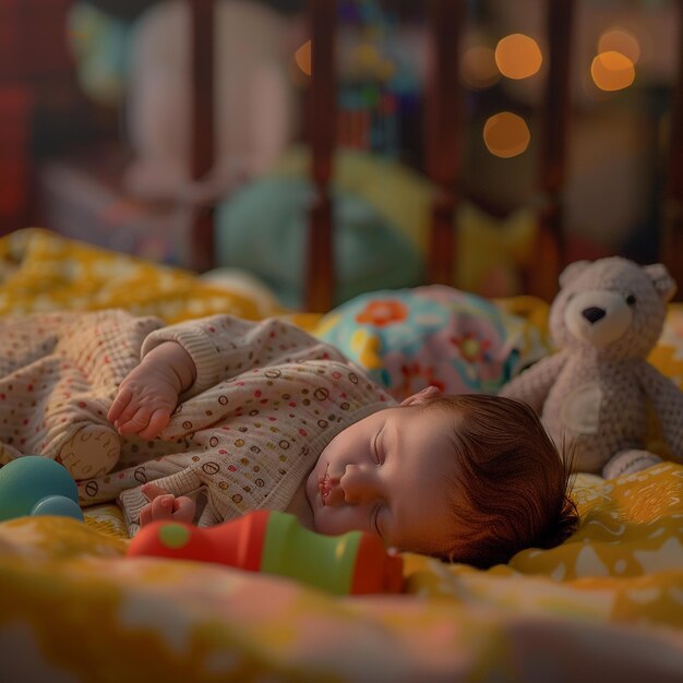 A baby sleeping in a bed with a teddy bear