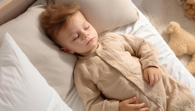 Photo a baby sleeping on a bed with a white sheet