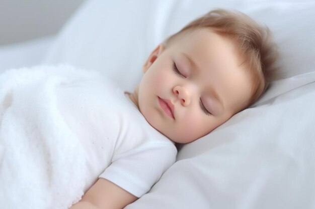 a baby sleeping on a bed with a white shirt on