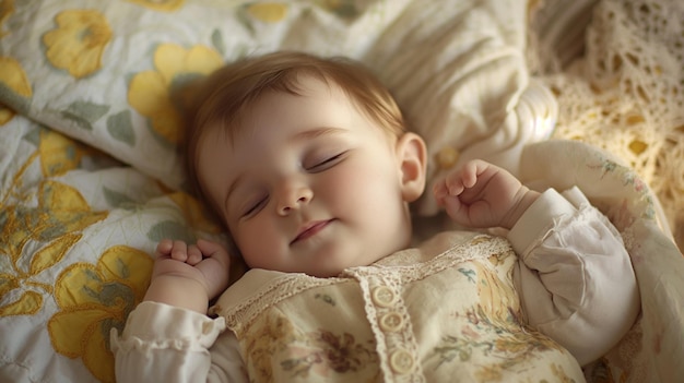 Photo a baby sleeping on a blanket with a flower pattern