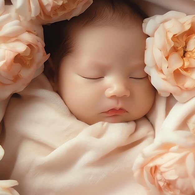 a baby sleeping in a blanket with flowers