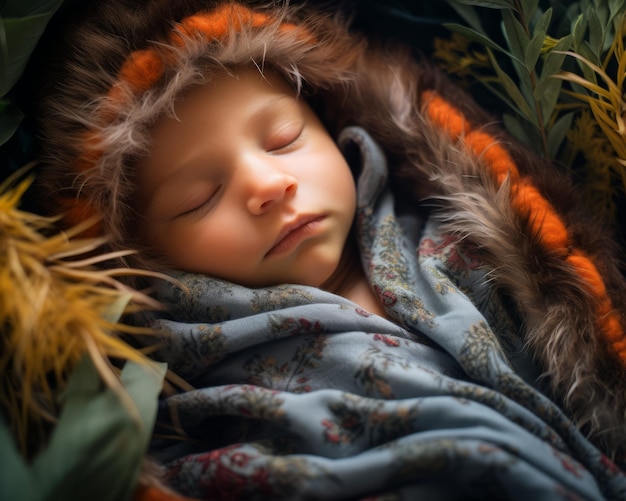 나뭇잎이 있는 담요 속에서 자고 있는 아기