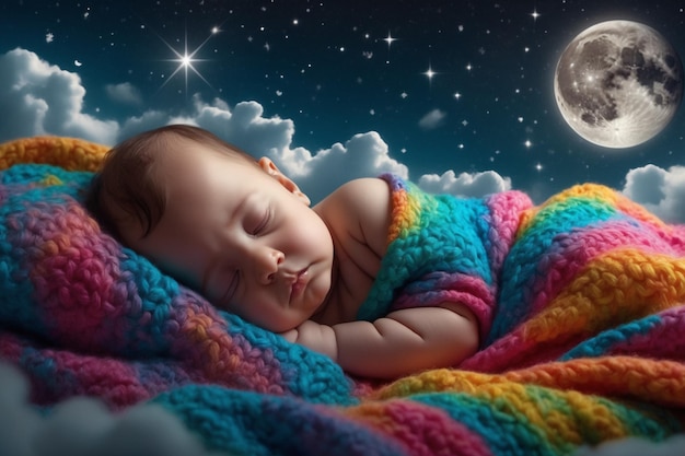 a baby sleeping under a blanket with the moon in the background