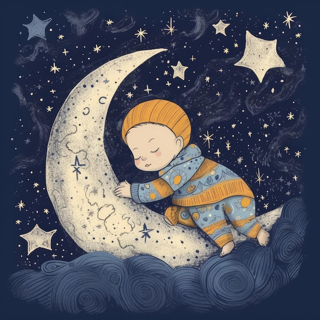 Baby sleeping among blue sky bright moon and stars cartoon with generative ai