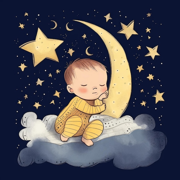 Baby sleeping among blue sky bright moon and stars cartoon with generative ai