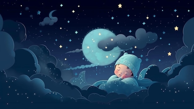 A baby sleeping on a cloud with the moon in the background