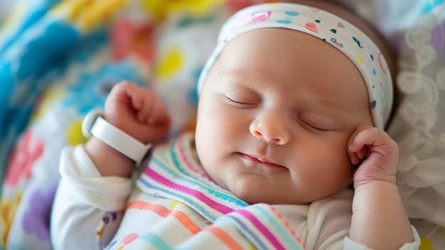 Foto bambino che dorme su una coperta colorata