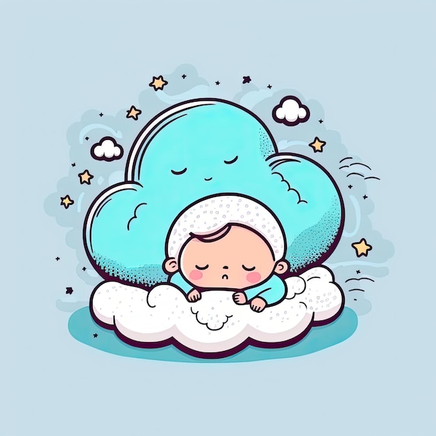 青の背景にふわふわの雲の上で寝て夢を見ている赤ちゃん カラーイラスト ジェネレーティブAI