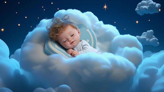 Baby sleeping on floating clouds in the sky