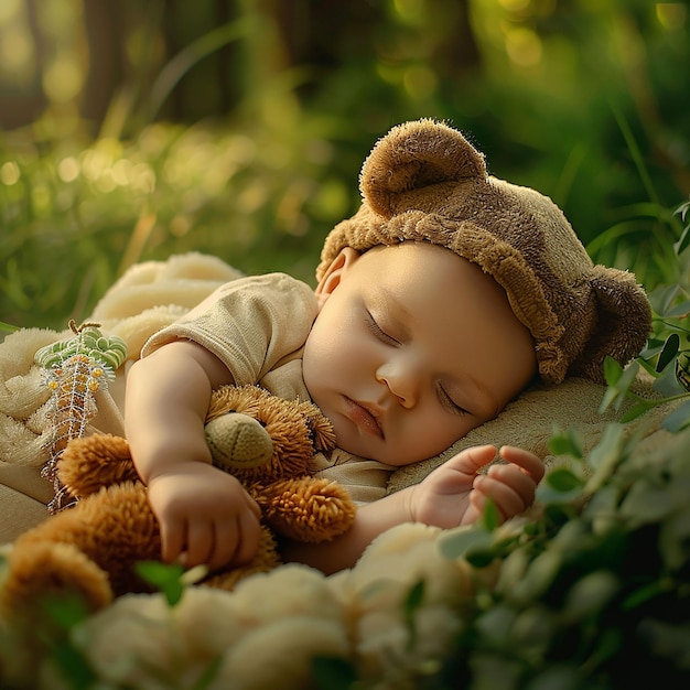 Photo a baby sleeping in the grass with a teddy bear on his head