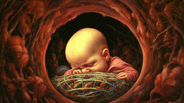 A baby sleeping inside a spiral of a human brain.