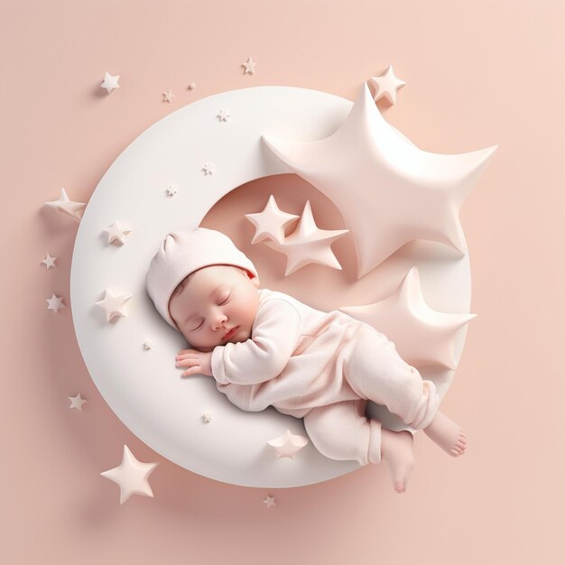 Foto bambino che dorme su una luna con le stelle intorno ad esso