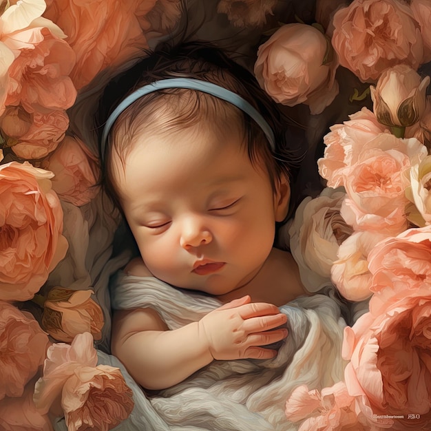 A baby sleeping in a pile of flowers.