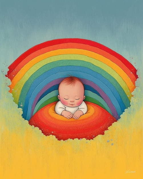 A baby sleeping in a rainbow with the word baby on it