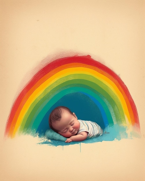 Photo a baby sleeping in a rainbow with the word baby on it.