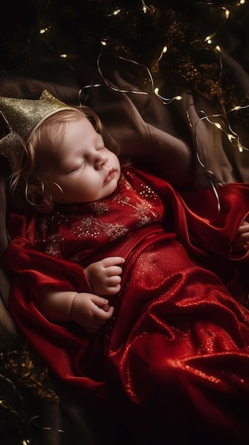 A baby sleeping in a red dress with a crown on it.