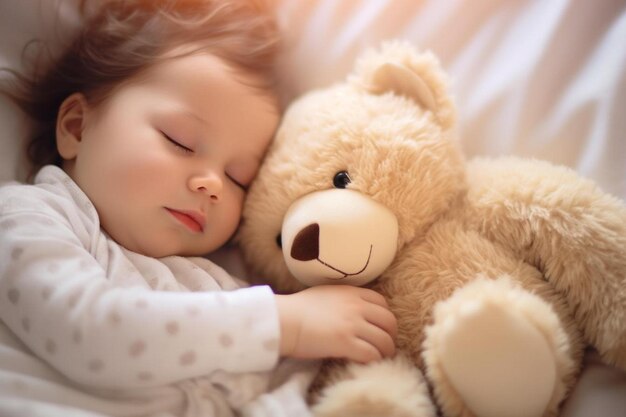 a baby sleeping next to a teddy bear with a brown nose