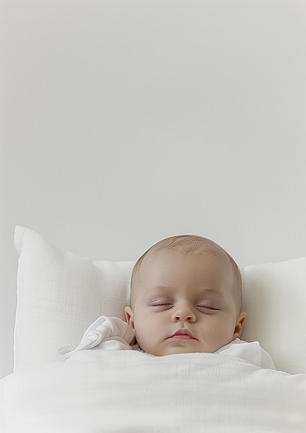 a baby sleeping in a white bed with a white pillow