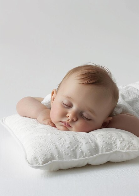 a baby sleeping on a white blanket with a pacifier in his mouth