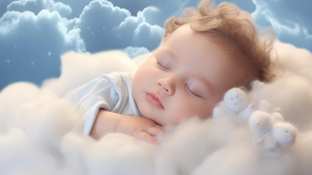 Baby sleeping on a white cloud in the blue sky like a little angel ai generated